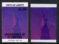 St Vincent - Grenadines 1986 Statue of Liberty Centenary $1.50 die proof in red and blue only on plastic (Cromalin) card ex archives (perf stamp not included), stamps on , stamps on  stamps on monuments, stamps on  stamps on statues, stamps on  stamps on americana, stamps on  stamps on civil engineering, stamps on  stamps on 