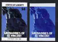 St Vincent - Grenadines 1986 Statue of Liberty Centenary $8 die proof in red and blue only on plastic (Cromalin) card ex archives (perf stamp not included), stamps on , stamps on  stamps on monuments, stamps on  stamps on statues, stamps on  stamps on americana, stamps on  stamps on civil engineering, stamps on  stamps on 