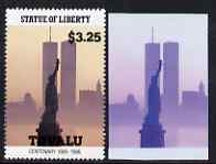Tuvalu 1986 Statue of Liberty Centenary $3.25 die proof in red and blue only on plastic (Cromalin) card ex archives, (perf stamp not included), stamps on , stamps on  stamps on monuments, stamps on  stamps on statues, stamps on  stamps on americana, stamps on  stamps on civil engineering, stamps on  stamps on 