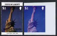 British Virgin Islands 1986 Statue of Liberty Centenary $2 die proof in red and blue only on plastic (Cromalin) card ex archives, (perf stamp not included), stamps on monuments, stamps on statues, stamps on americana, stamps on civil engineering, stamps on statue of liberty, stamps on 