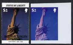 British Virgin Islands 1986 Statue of Liberty Centenary $2 die proof in red and blue only on plastic (Cromalin) card ex archives, (perf stamp not included)