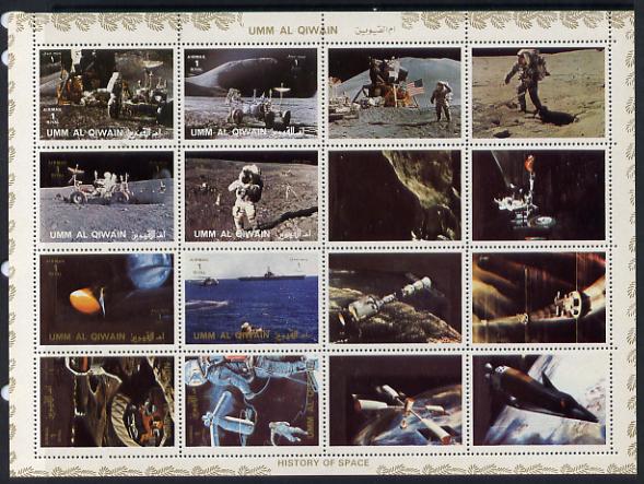 Umm Al Qiwain 1972 History of Space #2 sheetlet containing 8 values plus 8 labels unmounted mint, Mi 1194-1201A, stamps on , stamps on  stamps on space    helicopters    flat tops