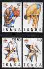 Tonga 1992 Barcelona Olympic Games perf set of 4 each opt'd SPECIMEN unmounted mint, as SG 1177-80, stamps on , stamps on  stamps on sport, stamps on  stamps on olympics, stamps on  stamps on boxing, stamps on  stamps on diving, stamps on  stamps on tennis, stamps on  stamps on bicycles