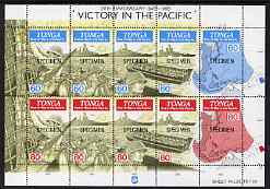 Tonga 1995 50th Anniversary of End of Second world war in the Pacific, perf sheetlet containing 10 values each opt'd SPECIMEN unmounted mint, as SG 1309a, stamps on , stamps on  stamps on , stamps on  stamps on  ww2 , stamps on  stamps on militaria, stamps on  stamps on ships, stamps on  stamps on maps