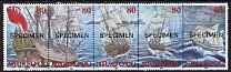 Tonga - Niuafo'ou 1995 Sailing Ships perf strip of 5 values each opt'd SPECIMEN unmounted mint, as SG 208a, stamps on , stamps on  stamps on ships