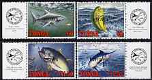 Tonga 1994 Game Fishing perf set of 4 each opt'd SPECIMEN unmounted mint, as SG 1267-70, stamps on , stamps on  stamps on fish, stamps on  stamps on marlin, stamps on  stamps on sharks, stamps on  stamps on dolphins, stamps on  stamps on tuna, stamps on  stamps on gamefish