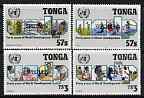 Tonga 1990 UN Development Programme perf set of 4 each opt'd SPECIMEN unmounted mint, as SG 1109-12, stamps on tourism, stamps on education, stamps on agriculture, stamps on food, stamps on fish, stamps on golf, stamps on fishing, stamps on gamefish, stamps on surfing, stamps on surfboarding, stamps on music, stamps on rugby, stamps on medical, stamps on dental, stamps on united nations