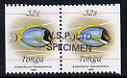 Tonga 1990-92 Powder-blue Surgeonfish 32s (from reduced-size Marine Life set) horiz pair (ex booklets) opt'd WSP Ltd SPECIMEN, as SG 1095a (1990 imprint date), stamps on , stamps on  stamps on marine life, stamps on  stamps on fish