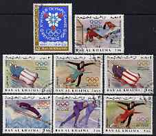 Ras Al Khaima 1968 Grenoble Winter Olympics perf set of 8 cto used, Mi 209-16A*, stamps on olympics, stamps on ice skating, stamps on skiing, stamps on bobsled, stamps on ice hockey