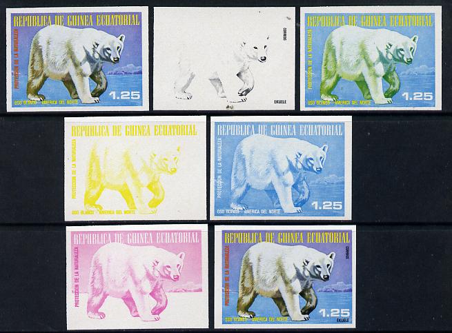 Equatorial Guinea 1977 North American Animals 1e25 (White Bear) set of 7 imperf progressive proofs comprising the 4 individual colours plus 2, 3 and 4-colour composites, ..., stamps on animals    bear