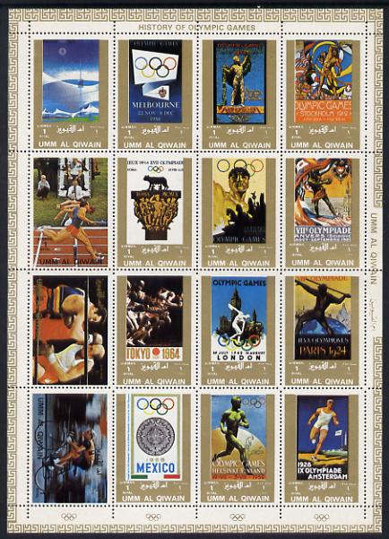 Umm Al Qiwain 1972 History of Olympics sheetlet containing 16 values unmounted mint (Mi 1098-1113A), stamps on , stamps on  stamps on sport     running    discus     boxing     javelin     bicycles   olympics