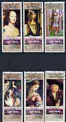 Yemen - Republic 1969 Mexico Cultural Olympiad (Paintings in Prado Gallery, Madrid) perf set of 6 cto used, Mi 889-94*, stamps on arts, stamps on olympics, stamps on botticelli, stamps on durer, stamps on raffael, stamps on van dyck