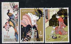 Sharjah 1967 Post Day (Japanese Paintings) perf set of 3 cto used, Mi 350-52*, stamps on postal, stamps on arts