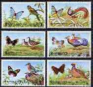 Ajman 1972 Butterflies & Birds perf set of 6 cto used, Mi 2029-34*, stamps on , stamps on  stamps on birds, stamps on  stamps on butterflies, stamps on  stamps on parrots, stamps on  stamps on game