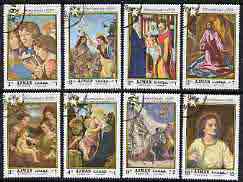 Ajman 1969 Christmas Paintings perf set of 8 cto used, Mi 488-95*, stamps on , stamps on  stamps on arts, stamps on  stamps on christmas, stamps on  stamps on botticelli, stamps on  stamps on giotto, stamps on  stamps on correggio, stamps on  stamps on el greco, stamps on  stamps on books