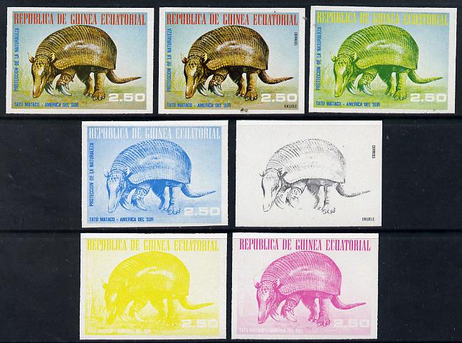 Equatorial Guinea 1977 South American Animals 2e50 (Armadillo) set of 7 imperf progressive proofs comprising the 4 individual colours plus 2, 3 and 4-colour composites, a..., stamps on animals