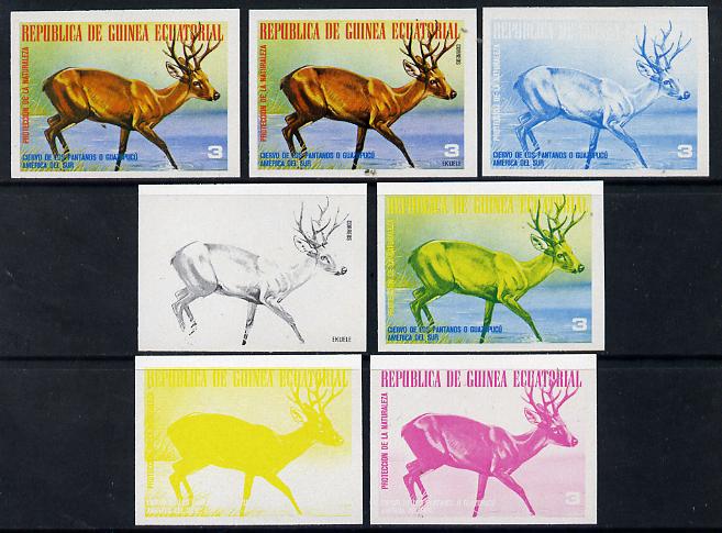 Equatorial Guinea 1977 South American Animals 3e (Reindeer) set of 7 imperf progressive proofs comprising the 4 individual colours plus 2, 3 and 4-colour composites, a superb and important group unmounted mint (as Mi 1250), stamps on , stamps on  stamps on animals, stamps on  stamps on deer