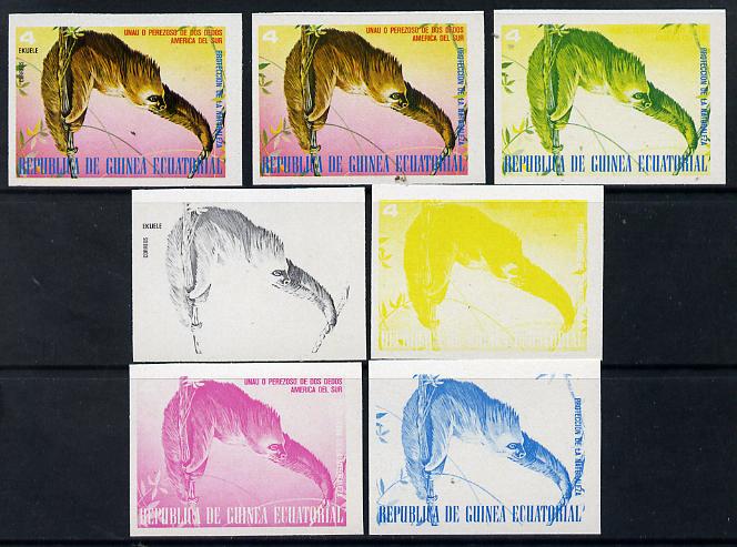 Equatorial Guinea 1977 South American Animals 4e (Sloth) set of 7 imperf progressive proofs comprising the 4 individual colours plus 2, 3 and 4-colour composites, a super..., stamps on animals