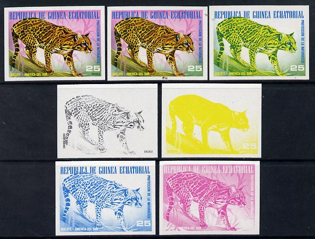Equatorial Guinea 1977 South American Animals 25e (Ocelot) set of 7 imperf progressive proofs comprising the 4 individual colours plus 2, 3 and 4-colour composites, a superb and important group unmounted mint (as Mi 1253), stamps on animals     cats