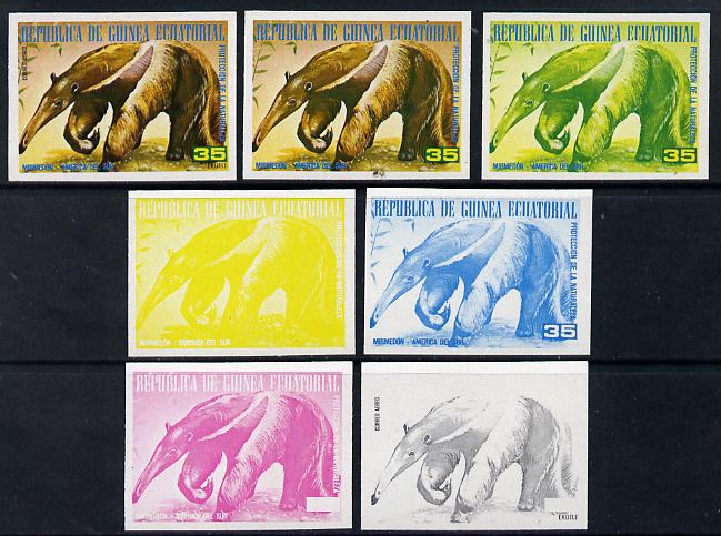 Equatorial Guinea 1977 South American Animals 35e (Ant-eater) set of 7 imperf progressive proofs comprising the 4 individual colours plus 2, 3 and 4-colour composites, a ..., stamps on animals