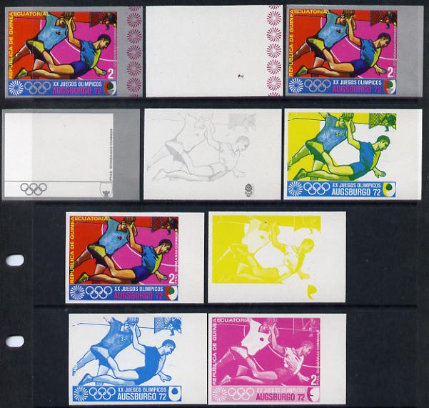 Equatorial Guinea 1972 Munich Olympics (1st series) 2pts (Handball) set of 9 imperf progressive proofs comprising the 5 individual colours (incl silver) plus composites o..., stamps on olympics  sport    handball