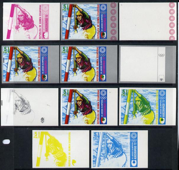 Equatorial Guinea 1972 Munich Olympics (1st series) 5pts (Canoe Slalom singles) set of 9 imperf progressive proofs comprising the 5 individual colours (incl silver) plus composites of 2, 3, 4 and all 5 colours, a superb and important group unmounted mint (as Mi 60), stamps on , stamps on stamps on olympics sport canoeing