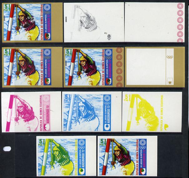 Equatorial Guinea 1972 Munich Olympics (1st series) 5pts (Canoe Slalom singles) set of 9 imperf progressive proofs comprising the 5 individual colours (incl gold) plus composites of 2, 3, 4 and all 5 colours, a superb and important group unmounted mint (as Mi 60), stamps on , stamps on stamps on olympics sport canoeing