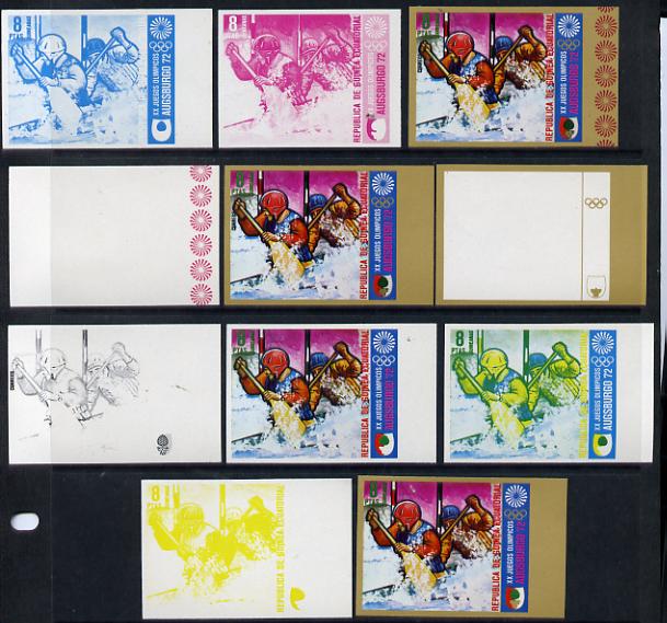 Equatorial Guinea 1972 Munich Olympics (1st series) 8pts (Canoe Slalom 2-man) set of 9 imperf progressive proofs comprising the 5 individual colours (incl gold) plus composites of 2, 3, 4 and all 5 colours, a superb and important group unmounted mint (as Mi 61), stamps on , stamps on  stamps on olympics  sport    canoeing