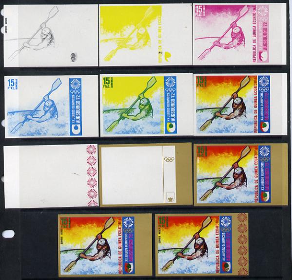 Equatorial Guinea 1972 Munich Olympics (1st series) 15pts (Canoe Slalom singles) set of 9 imperf progressive proofs comprising the 5 individual colours (incl gold) plus composites of 2, 3, 4 and all 5 colours, a superb and important group unmounted mint (as Mi 62), stamps on olympics  sport    canoeing