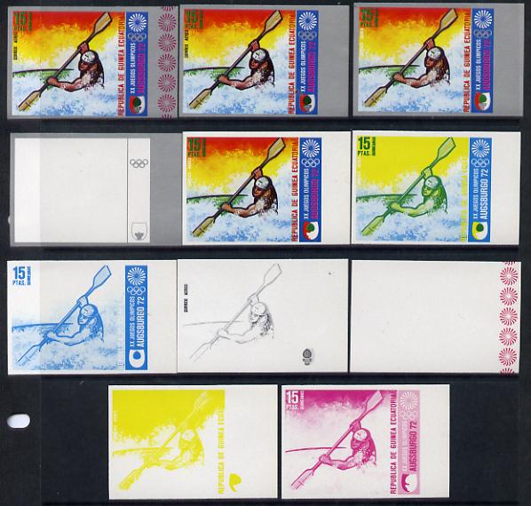 Equatorial Guinea 1972 Munich Olympics (1st series) 15pts (Canoe Slalom singles) set of 9 imperf progressive proofs comprising the 5 individual colours (incl silver) plus..., stamps on olympics  sport    canoeing
