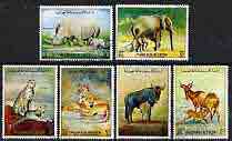 Ajman 1972 Animals perf set of 6 cto used, Mi 1405-10*, stamps on animals, stamps on rhino, stamps on lion, stamps on cheetah, stamps on kongoni, stamps on elephant, stamps on gnu, stamps on cats
