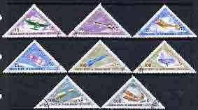 Aden - Qu'aiti 1968 Flight (Aircraft & Rockets) triangular perf set of 8 cto used, Mi 214-21A, stamps on , stamps on  stamps on aviation, stamps on  stamps on triangulars, stamps on  stamps on space