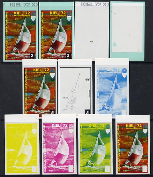 Equatorial Guinea 1972 Munich Olympics (3rd series) 3pts Sailing set of 10 imperf progressive proofs comprising 5 individual colours, plus various composites, a superb and important group unmounted mint (as Mi 100), stamps on , stamps on  stamps on olympics  sport     sailing     yachts