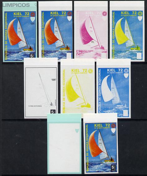 Equatorial Guinea 1972 Munich Olympics (3rd series) 5pts Sailing set of 10 imperf progressive proofs comprising 5 individual colours, plus various composites, a superb and important group unmounted mint (as Mi 101), stamps on olympics  sport    sailing     yachts