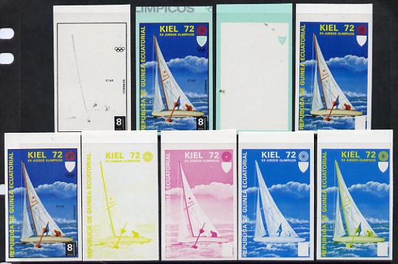 Equatorial Guinea 1972 Munich Olympics (3rd series) 8pts Sailing set of 10 imperf progressive proofs comprising 5 individual colours, plus various composites, a superb and important group unmounted mint (as Mi 102), stamps on , stamps on  stamps on olympics  sport    sailing     yachts