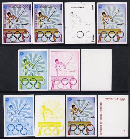 Equatorial Guinea 1972 Munich Olympics (4th series) 1pt (Pommelling) set of 10 imperf progressive proofs on white paper comprising 5 individual colours, plus various comp..., stamps on olympics  sport    gymnastics    pommel, stamps on  gym , stamps on gymnastics, stamps on 