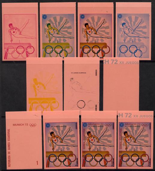 Equatorial Guinea 1972 Munich Olympics (4th series) 1pt (Pommelling) set of 10 imperf progressive proofs on pink paper comprising 5 individual colours, plus various composites, a superb and important group unmounted mint (as Mi 108), stamps on , stamps on  stamps on olympics  sport    gymnastics   pommel, stamps on  stamps on  gym , stamps on  stamps on gymnastics, stamps on  stamps on 