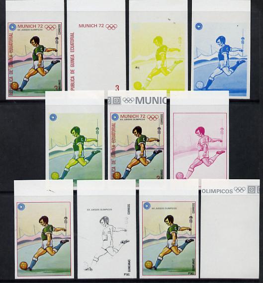 Equatorial Guinea 1972 Munich Olympics (4th series) 3pts (Football) set of 10 imperf progressive proofs on white paper comprising 5 individual colours, plus various composites, a superb and important group unmounted mint (as Mi 110), stamps on , stamps on  stamps on football  olympics  sport