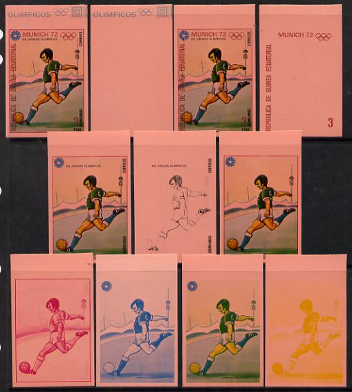 Equatorial Guinea 1972 Munich Olympics (4th series) 3pts (Football) set of 10 imperf progressive proofs on pink paper comprising 5 individual colours, plus various compos..., stamps on football  olympics  sport