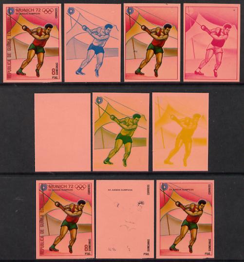 Equatorial Guinea 1972 Munich Olympics (4th series) 8pts (Hammer) set of 10 imperf progressive proofs on pink paper comprising 5 individual colours, plus various composit...