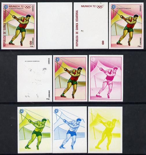 Equatorial Guinea 1972 Munich Olympics (4th series) 8pts (Hammer) set of 10 imperf progressive proofs on white paper comprising 5 individual colours, plus various composites, a superb and important group unmounted mint (as Mi 112), stamps on , stamps on  stamps on olympics  sport    hammer