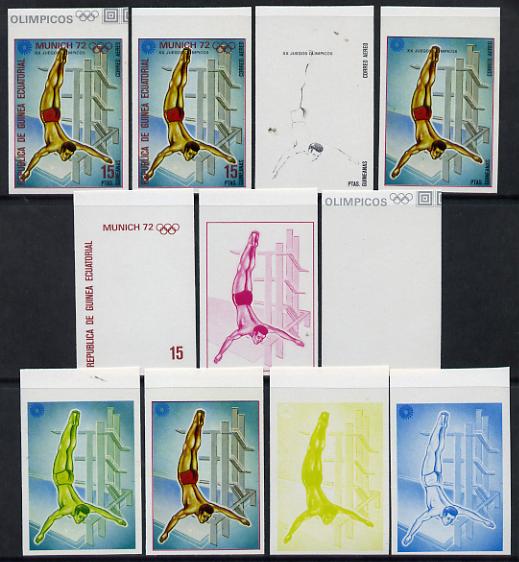 Equatorial Guinea 1972 Munich Olympics (4th series) 15pts (Diving) set of 10 imperf progressive proofs on white paper comprising 5 individual colours, plus various composites, a superb and important group unmounted mint (as Mi 113), stamps on , stamps on  stamps on olympics  sport    diving