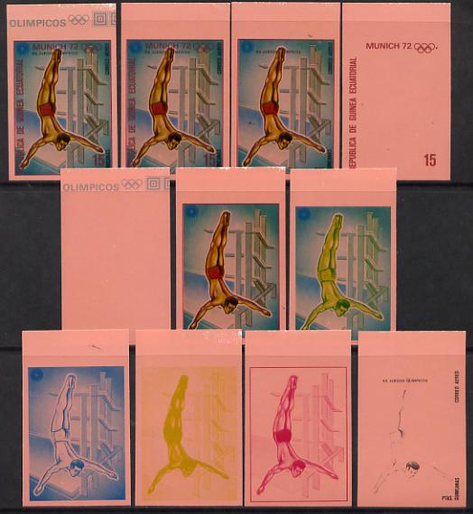 Equatorial Guinea 1972 Munich Olympics (4th series) 15pts (Diving) set of 10 imperf progressive proofs on pink paper comprising 5 individual colours, plus various composites, a superb and important group unmounted mint (as Mi 113), stamps on olympics  sport    diving