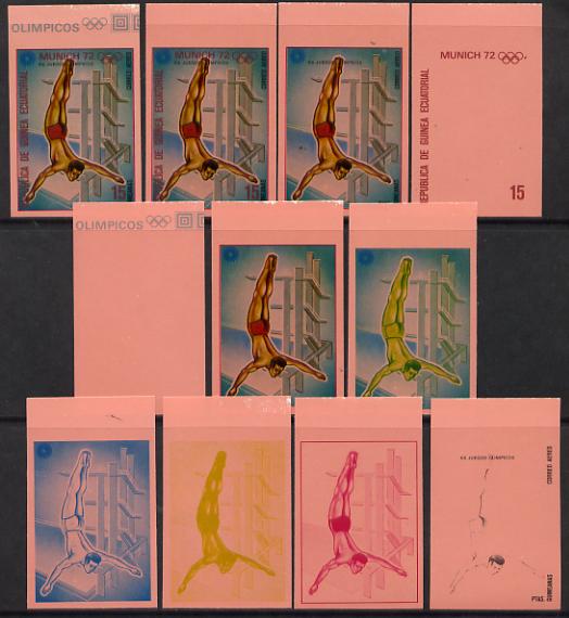 Equatorial Guinea 1972 Munich Olympics (4th series) 15pts (Diving) set of 10 imperf progressive proofs on pink paper comprising 5 individual colours, plus various composites, a superb and important group unmounted mint (as Mi 113), stamps on , stamps on  stamps on olympics  sport    diving