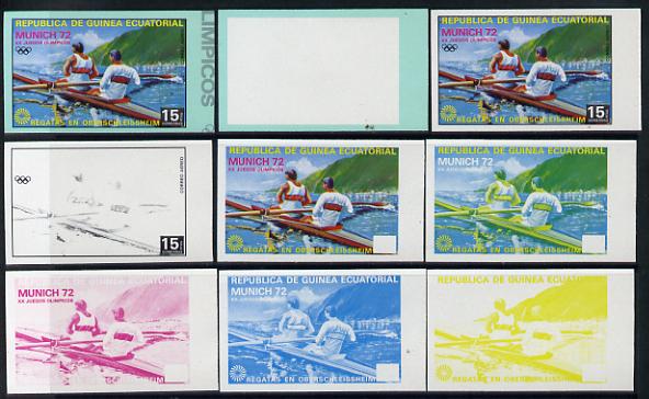 Equatorial Guinea 1972 Munich Olympics (3rd series) 15pts 2-man Rowing set of 9 imperf progressive proofs comprising 5 individual colours, plus various composites, a superb and important group unmounted mint (as Mi 103), stamps on , stamps on  stamps on olympics  sport    rowing