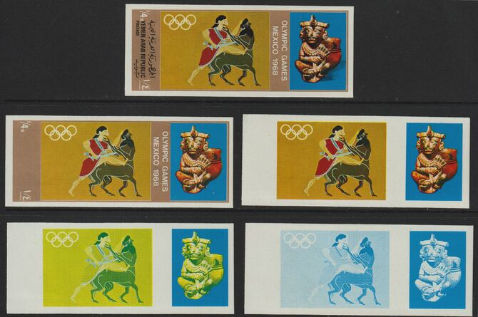 Yemen - Republic 1967 Olympic Games (Greek & Mexican Folklore1/4b set of 5 imperf progressive proofs comprising single colour, 2, 3, 4 and all 5-colour composites, a superb and important group unmounted mint (as Mi 777), stamps on , stamps on  stamps on folklore  olympics  sport, stamps on ancient greece 