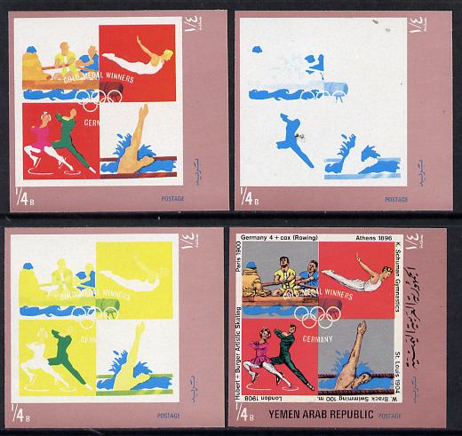 Yemen - Republic 1970 German Olympic Gold Medal Winners 1/4b (Rowing, Gymnastics, Swimming & Skating) set of 4 imperf progressive proofs comprising 2, 3, 4 and all 5-colour composites, a superb and important group unmounted mint (as Mi 1269), stamps on , stamps on  stamps on olympics  sport  swimming    rowing     gymnastics    skating, stamps on  stamps on  gym , stamps on  stamps on gymnastics, stamps on  stamps on 