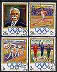 Fujeira 1970 75th Anniversary of Olympic Games perf set of 4 cto used, Mi 529-32*, stamps on olympics, stamps on torch, stamps on flags
