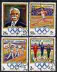Fujeira 1970 75th Anniversary of Olympic Games perf set of 4 cto used, Mi 529-32*, stamps on olympics, stamps on torch, stamps on flags