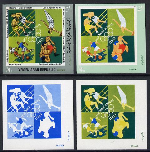 Yemen - Republic 1971 Italian Olympic Gold Medal Winners 1/4b (Boxing, Gymnastics, Wrestling & Football) set of 4 imperf progressive proofs comprising single & multi-colo..., stamps on boxing, stamps on football, stamps on olympics, stamps on sport, stamps on wrestling, stamps on gymnastics, stamps on  gym , stamps on gymnastics, stamps on 